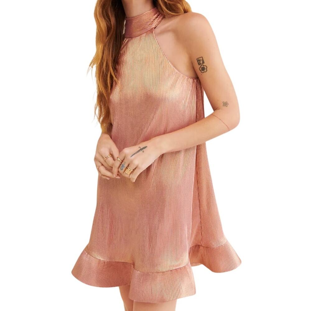 Saylor Charmaine Metallic Pink Gold Pleated Flounce Tie Pretty Femme Mini Dress